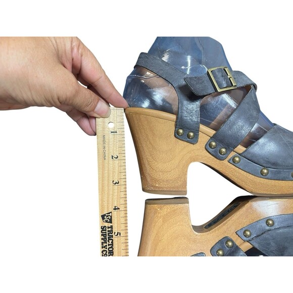 Korks Wendy Cross Strap Studded Platform Heeled Clogs Tan Denim Blue Size 7M - Picture 6 of 13